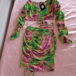 Fashion Nova Sassy Mini Skirt Set Green/Combo Sz M NWT