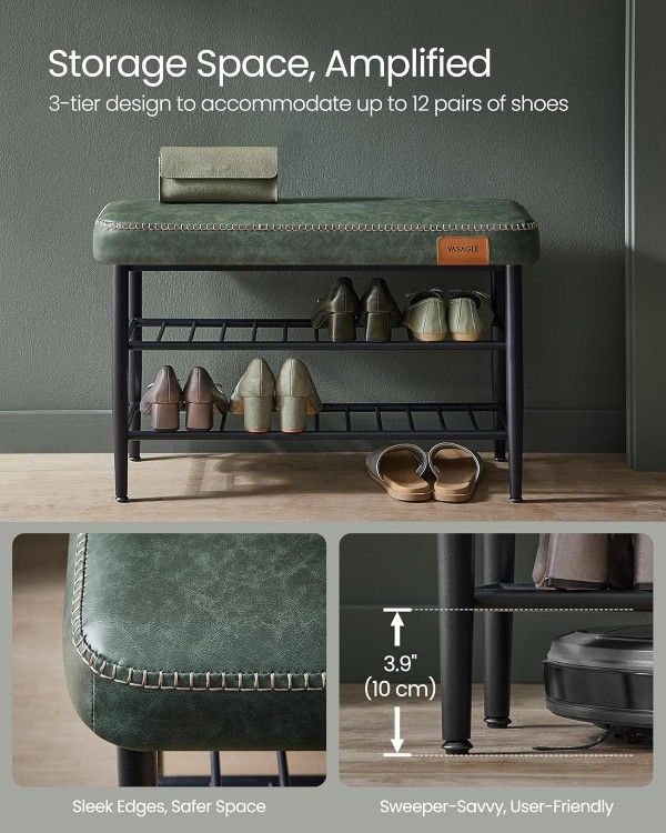 Shoe Rack Bench, Storage Bench for Entryway, Synthetic Leather with Stitching, Mid-Century Modern, Loads 300 lb, 11.8 x 31.5 x 19.7 Inche