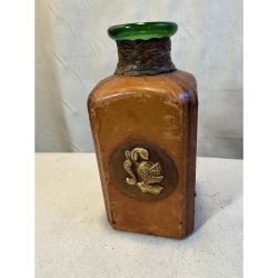 Vintage Italian Leather Wrapped Glass Decanter Knight Shield Bar Bottle