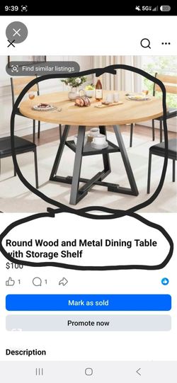 Round Wood and Metal Dining Table with Storage Shelf