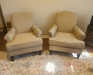 Pair of Living Spaces Oatmeal/Beige Upholstered Accent Chairs