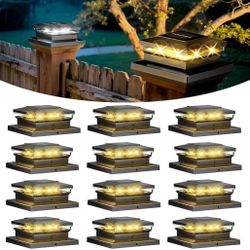Solar Post Cap Lights 12 Pack, Fence Post Solar Lights, Warm White/Cool White Lighting, Black Waterproof Outdoor Post Lights for Garden Patio Porch