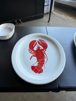 White Ceramic Plate with Red Lobster Print