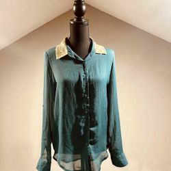 Small Green Button Up with Gold Sequin Collar