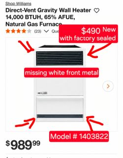Williams Direct-Vent Gravity Wall Heater 14,000 BTUH, 65% AFUE, Natural Gas Furnace #9064 Model # 1403822 📍mn