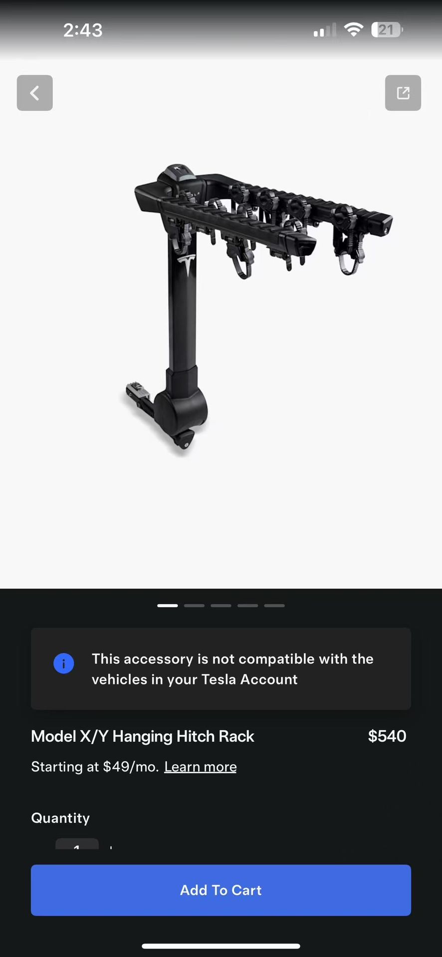 Tesla Model X/Y Hanging Hitch Rack, Like New