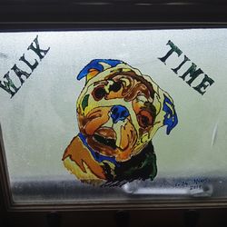 Painted Stain Glass Pug On Vintage Window W/Leash Hooks