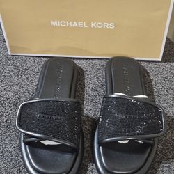 Brand New In Box Michael Kors Black Faux Leather Slides