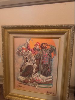 Original Chuck Oberstein Clown Painting – Ornate Gold Frame