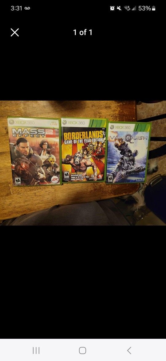 3 xbox 360 games. Vanquish, mass effect 2 and borderlands game of the year edition.