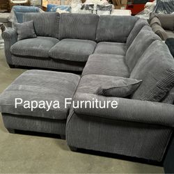 New! Plush Sectional Sofa And Ottoman, Grey Sofa, Grey Couch, Grey Sectional Couch, Sofas, Sectionals, Sectional Couch, Gray Sectional,Corduroy Couch