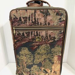Vintage Capezio Fox Hunt Small Rolling Luggage Tapestry Leather Equestrian Dogs