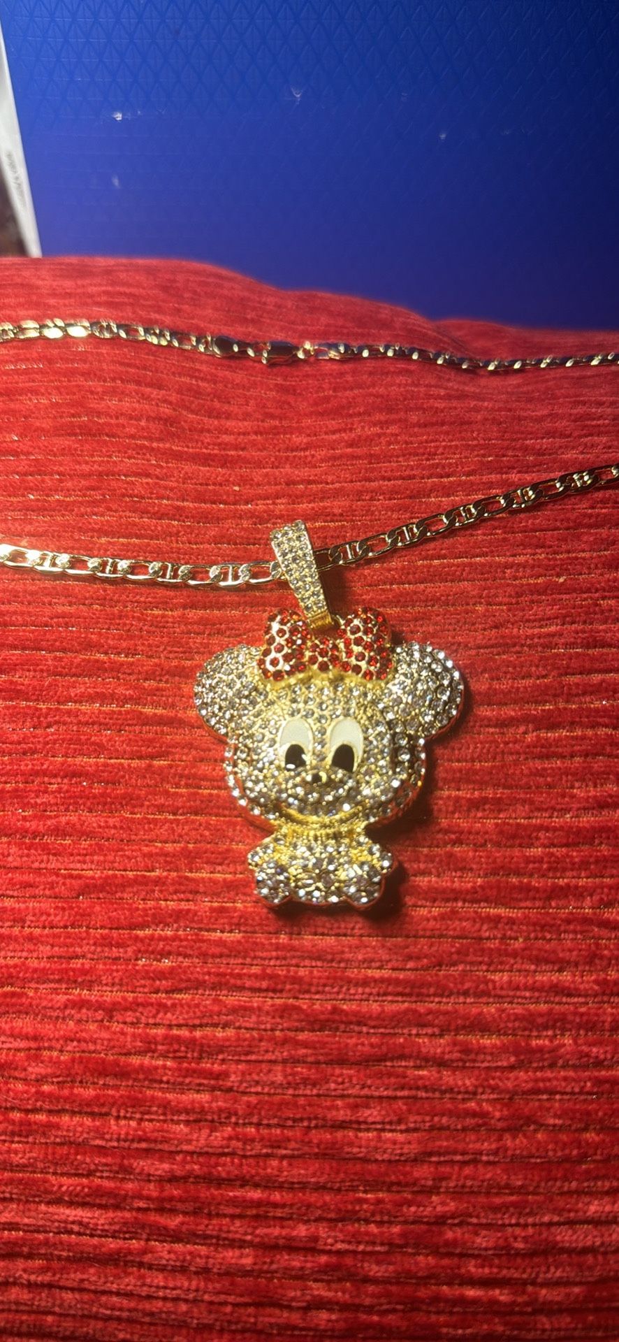 Baby mouse with a red bow on head gold plated necklace