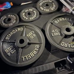 Very nice looking Brand new 45, 35 lb, and 25 lb Olympic weight plates.  Pair of 45s =$110 Pair of 35s=$90 Pair of 25s=$70 Pair of 10s= $30 Pair of 5s