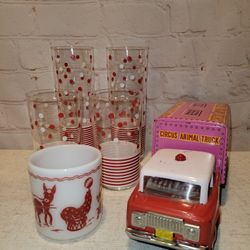 Vintage Libbey Red & White Striped & Dots Glasses + HA Circus Mug & Circus Truck