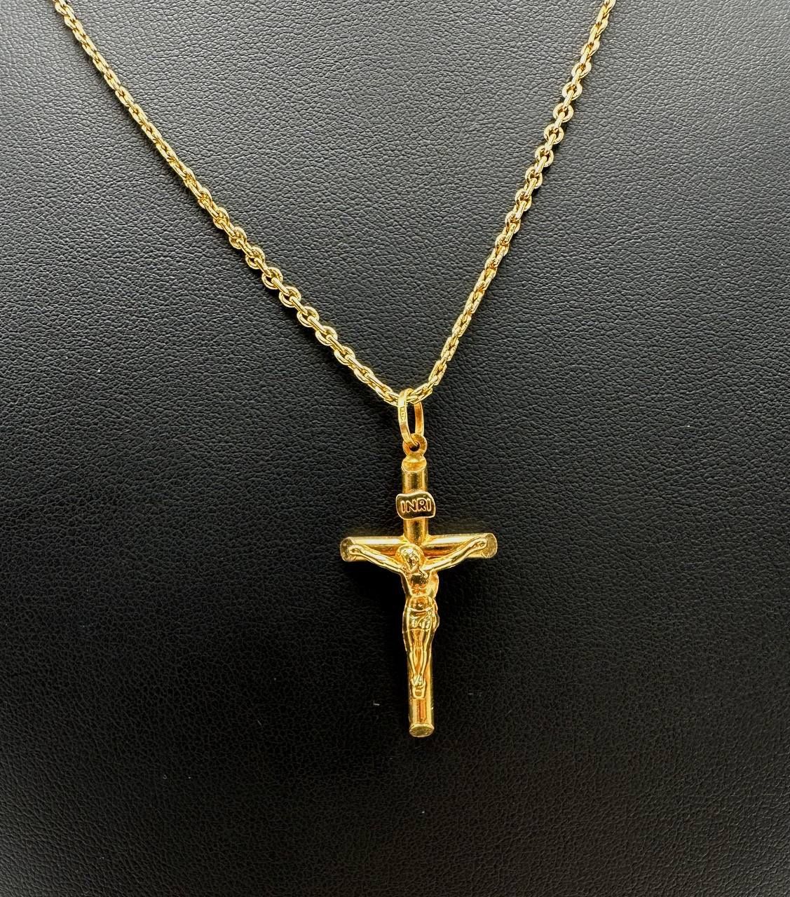 Solid 18k Yellow Gold Cross Charm INRI Crucifix Pendant Necklace 18.5" 4.7 grams