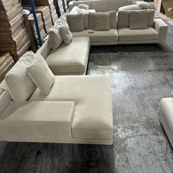 Large Beige Velvet Sectional Sofa