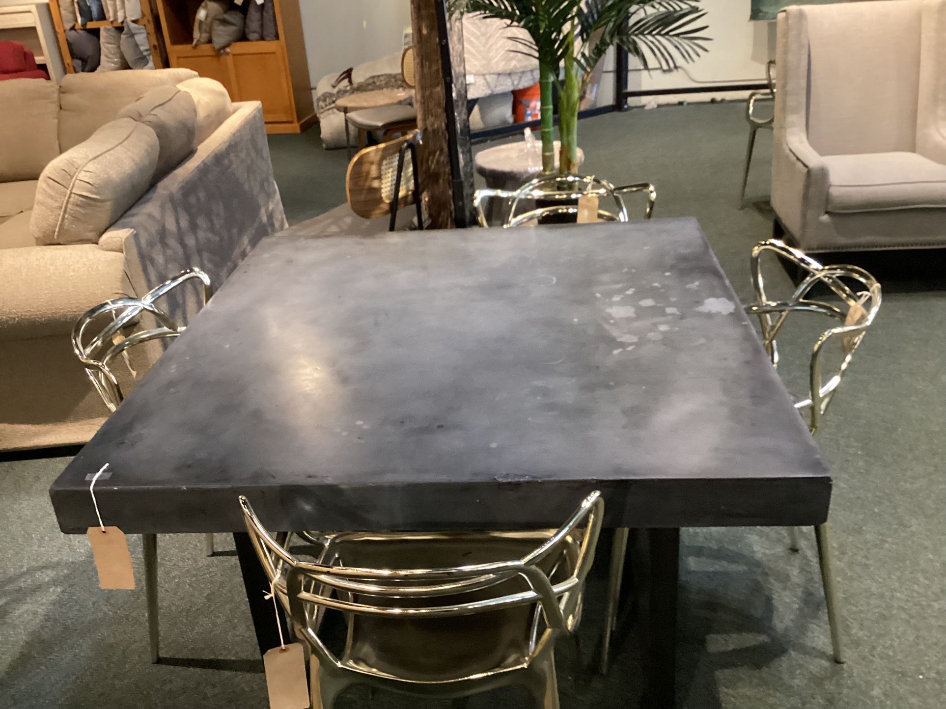 47x 47 - 31 H Patio Concrete Table w/ Black Metal Legs  As Is  ( Wear F& Tear)  SKU  6FUNBV
