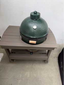 Big green egg size large with rolling cart and accessories up for grabs cheap!!!  Half price!!!