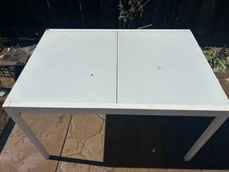 White Metal Outdoor Table with Glass Top