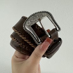 NOCONA Dark Brown Leather Western Whipstitch Concho Floral Engraved Buckle Belt