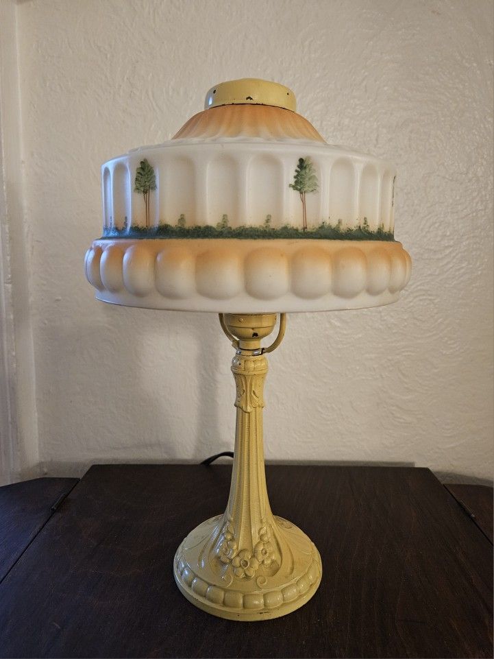 Antique Art Deco Boudoir Lamp With Hand Painted Milk Glass Shade