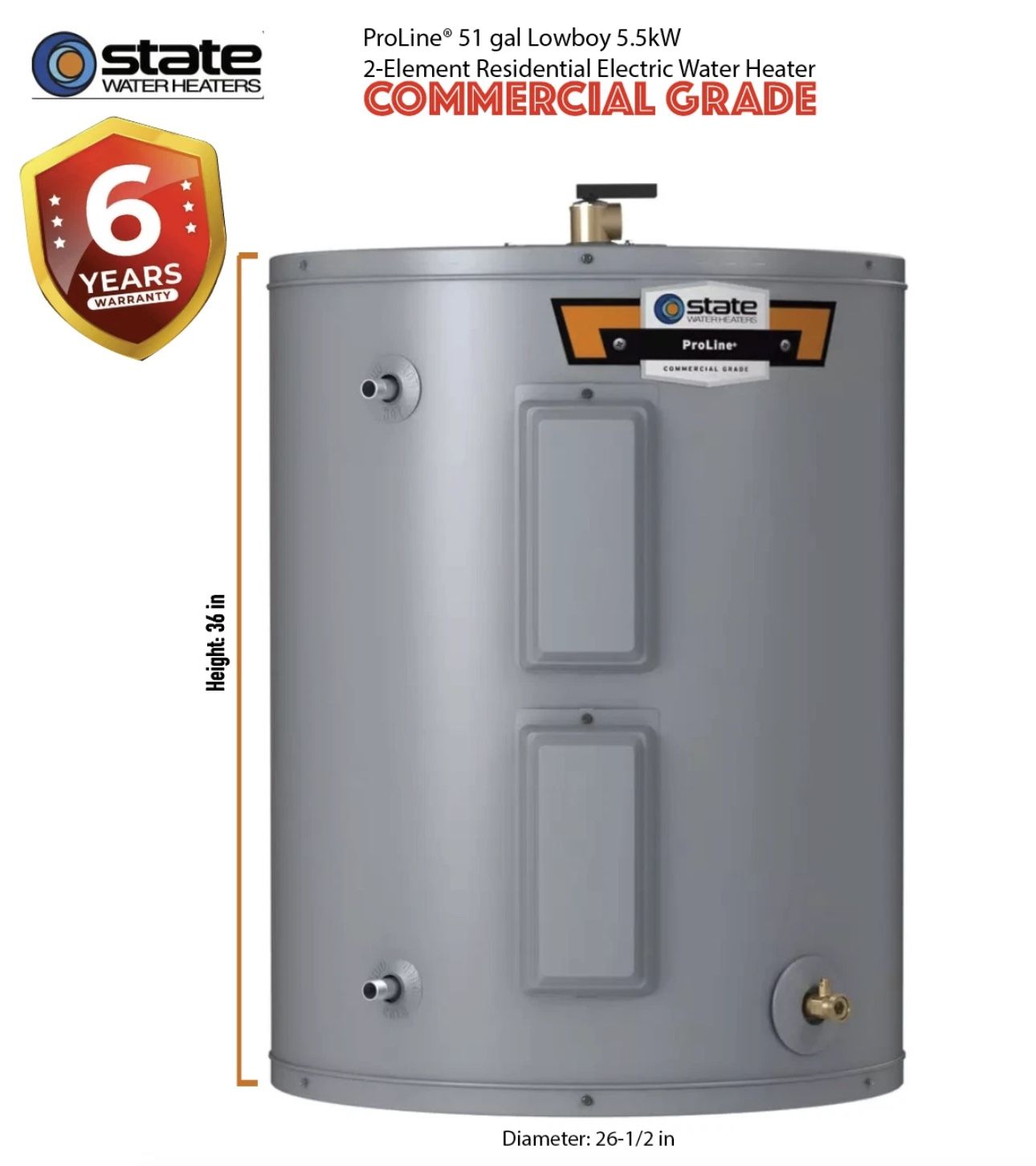 State PROLINE®. 51 gal. Lowboy 4.5kW 2-Element Electric Water Heater NEW SEALED