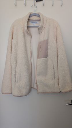 Women's cream sherpa fleece jacket with zip pocket, size XXL