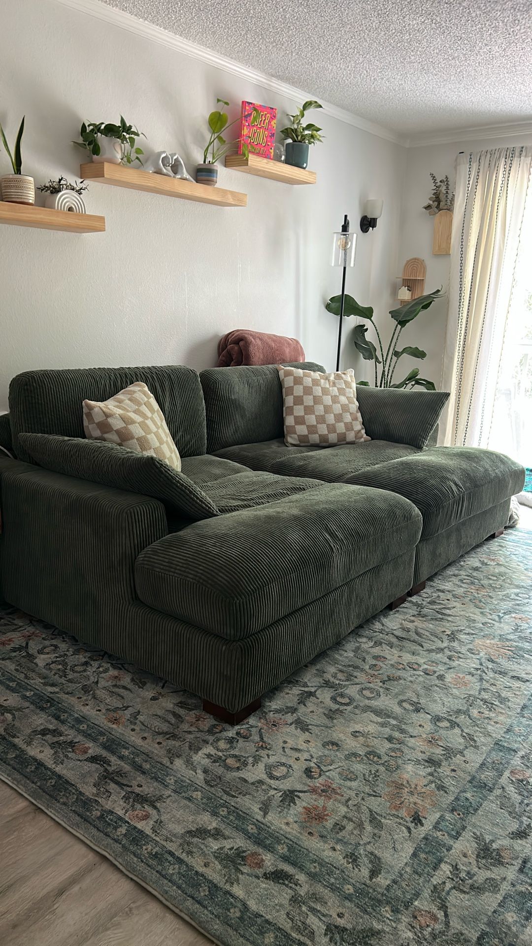90” Green Corduroy Sleeper / extra deep Couch
