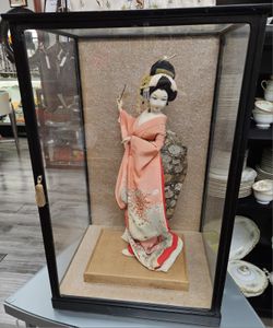 Vintage Japanese 24" Geisha Doll & Wooden Glass Display Case