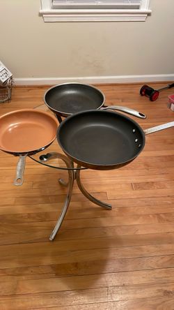 Three pans. Three cooking pans. Three different size skillets.