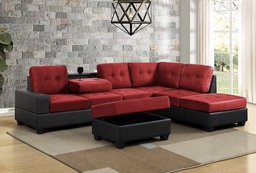 RED AND BLACK MICROFIBER SECTIONAL SOFA WITH MATTRESSES AND CUPHOLDERS NEW