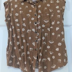No Boundaries Brown Mushroom-Print Button-Down Shirt Womens Size XS