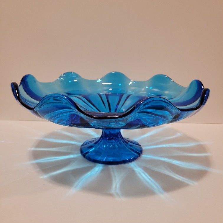 Vintage L.E. Smith Blue Pedestal Bowl Ruffled Edge