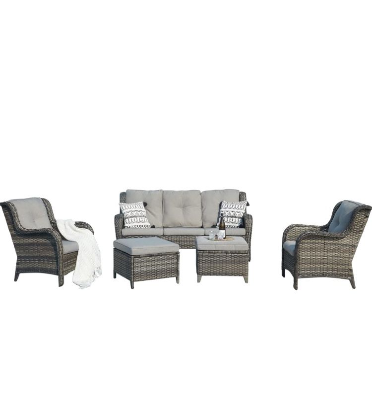  5 Piece Rattan Patio Conversation Sectional Sofa Set with 1 Couch,2 Armchairs,2 Ottomans for Porch Deck Garden(Mixed Grey/Grey)