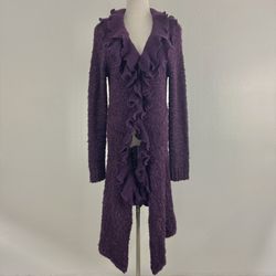 Dark Purple Wool Blend Knit V Neck Ruffle Trim Open Long Duster Sweater Cardigan