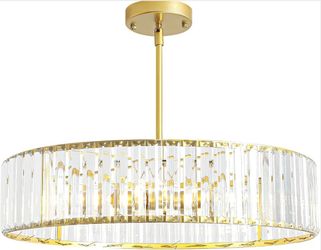 New 20” Gold Crystal Chandelier  Semi Flush Mount Lighting Fixture Drum Dimmable Adjustable Height