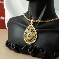 Intricate Craftmanship Paved 14K Gold Plated Green Cubic Zirconia With 24" Rope Necklace