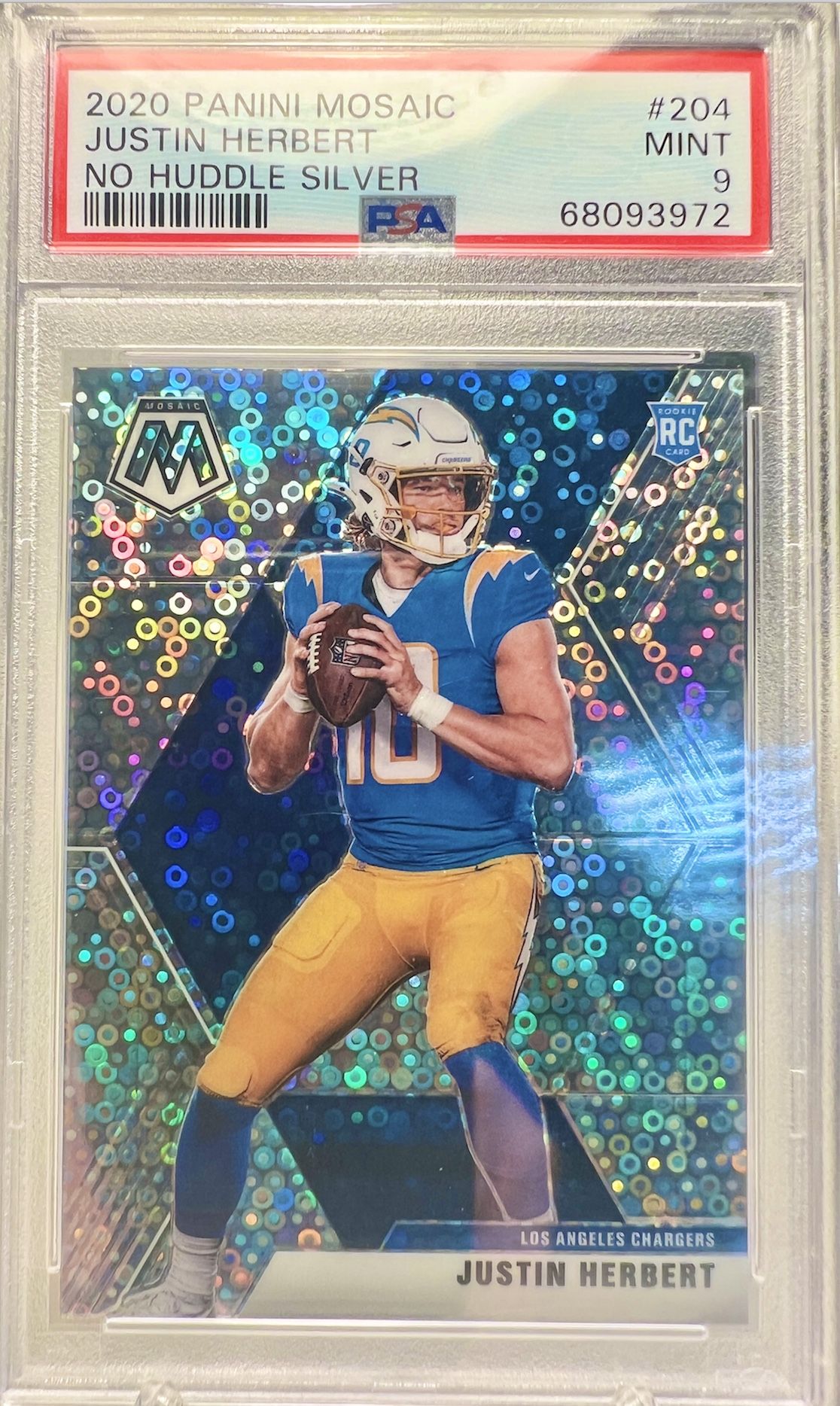 Justin Herbert 2020 Rookie Chargers Mosaic No Huddle Silver PSA 9 Mint + Donruss Clearly