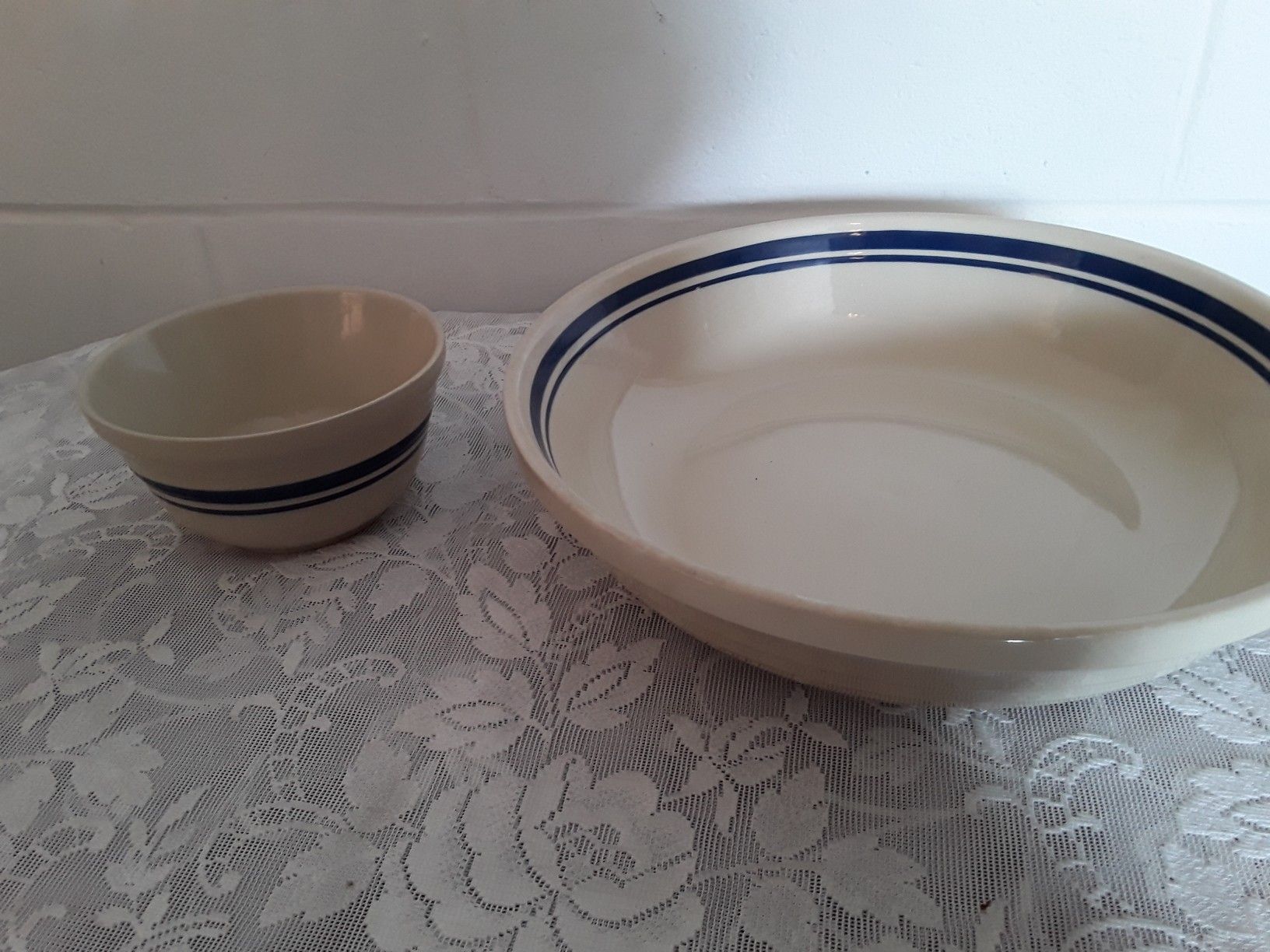 Friendship pottery blue stripe pasta dish and small nesting bowl