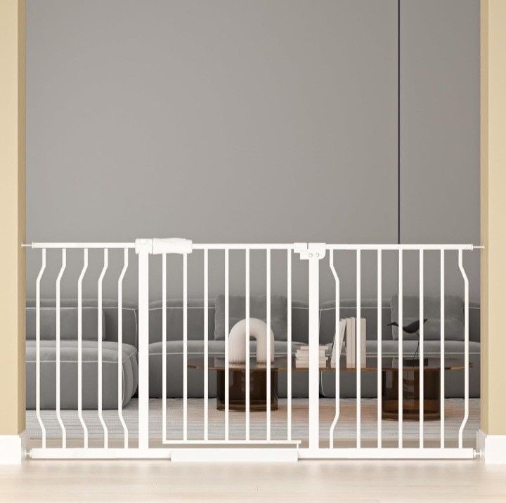 HOOEN White Extra Wide Baby Gate for Doorways Hallway Pressure Mounted Pet Gate Walk Through Child Safety Gate 53-57.5 Inch with Extensions