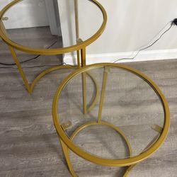 Two Gold Glass Round Tables One Medium One Small Great Condition 