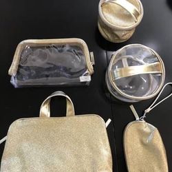 NEW Liz Claiborne 5 pc Gold Glitter Bling Cosmetics Jewelry Travel Set