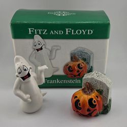 Fitz & Floyd Halloween 2004 - 2005 Frankenstein Pumpkin and Ghost Salt & Pepper Shakers! #2058/217