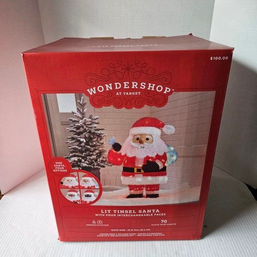Lit Tinsel Santa with 4 Interchangeable Faces NEW 