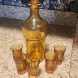 Amber Glass Decanter And Shot Glasses