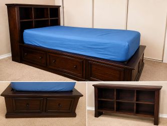 Twin Storage Bed with Bookcase Headboard – Solid Wood – Excellent Condition
