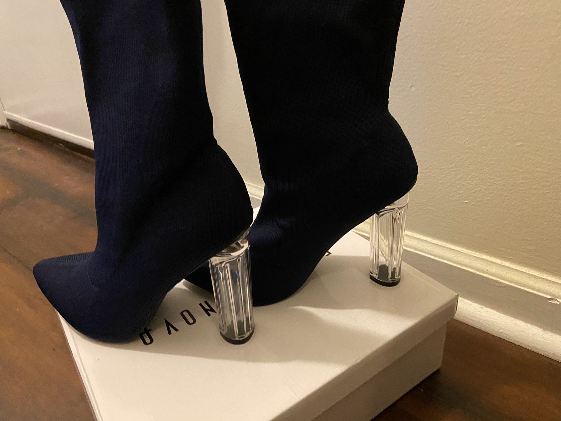 Clear chunky heel sock boot