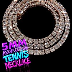 Iced-Out 5mm Asscher Cut Tennis Chain Bling Necklace– 20" Rose Gold (New w/ Pouch)