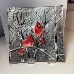 Beautiful  Large Metallic Art Cardinals Painted Decor Plate 
